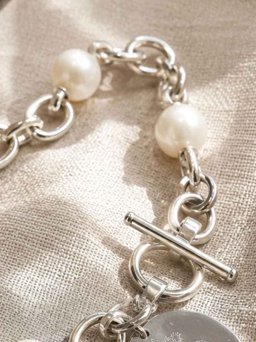 Ralph Lauren Pearl Toggle Bracelet Silver Tone Logo Disc Charm 8